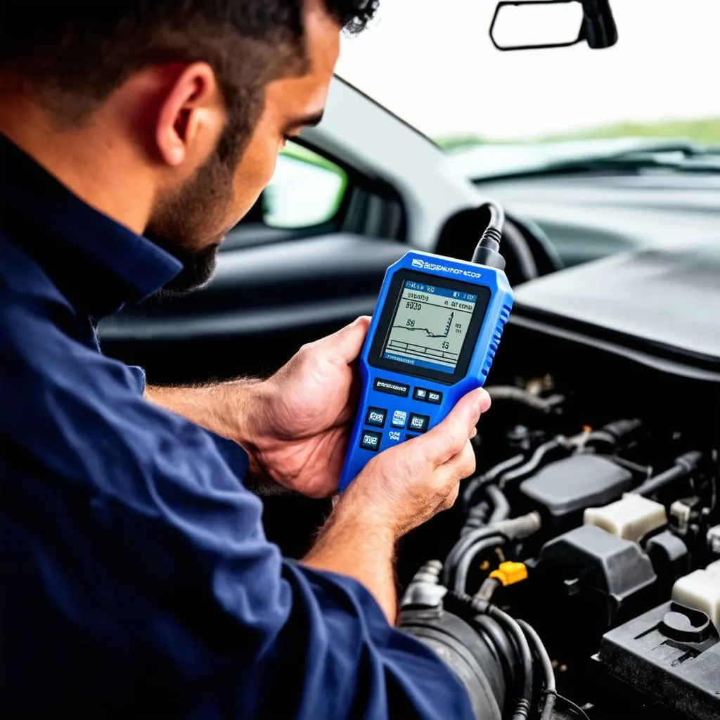 Mechanic using an OBD scanner on a car