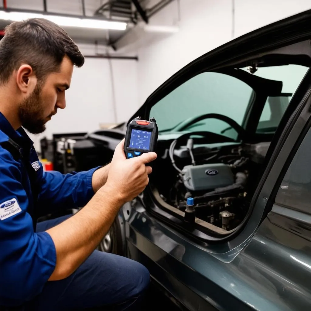 Mechanic using OBD scanner on a Ford Fiesta Mk7