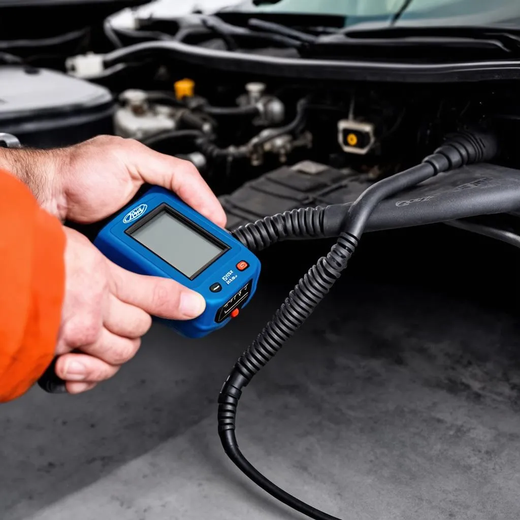 Mechanic Using OBD Scanner on a Ford F-150