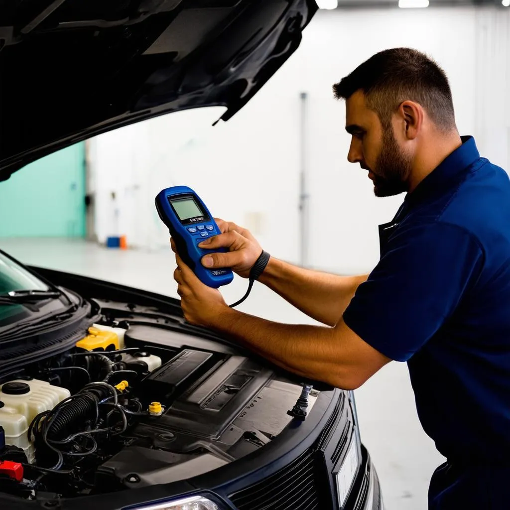 car mechanic using obd scanner for diagnostics