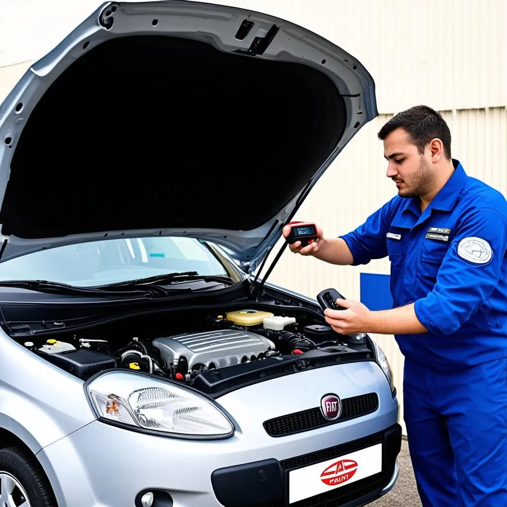 Mechanic Using OBD Scanner on Fiat Punto