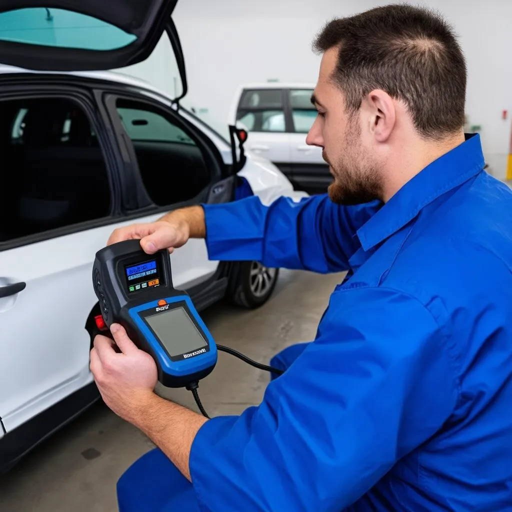 Mechanic diagnosing a car issue using an OBD-II scanner