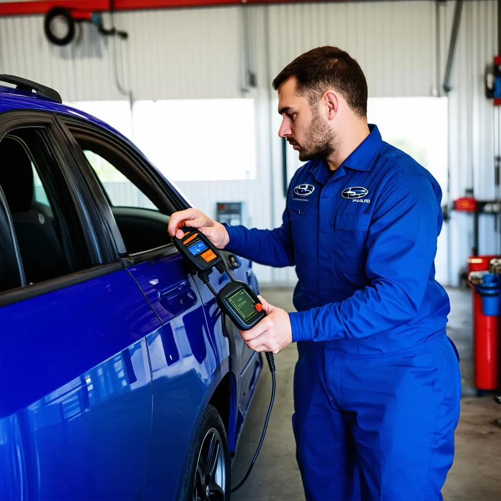 Mechanic Using OBD Scanner on Subaru