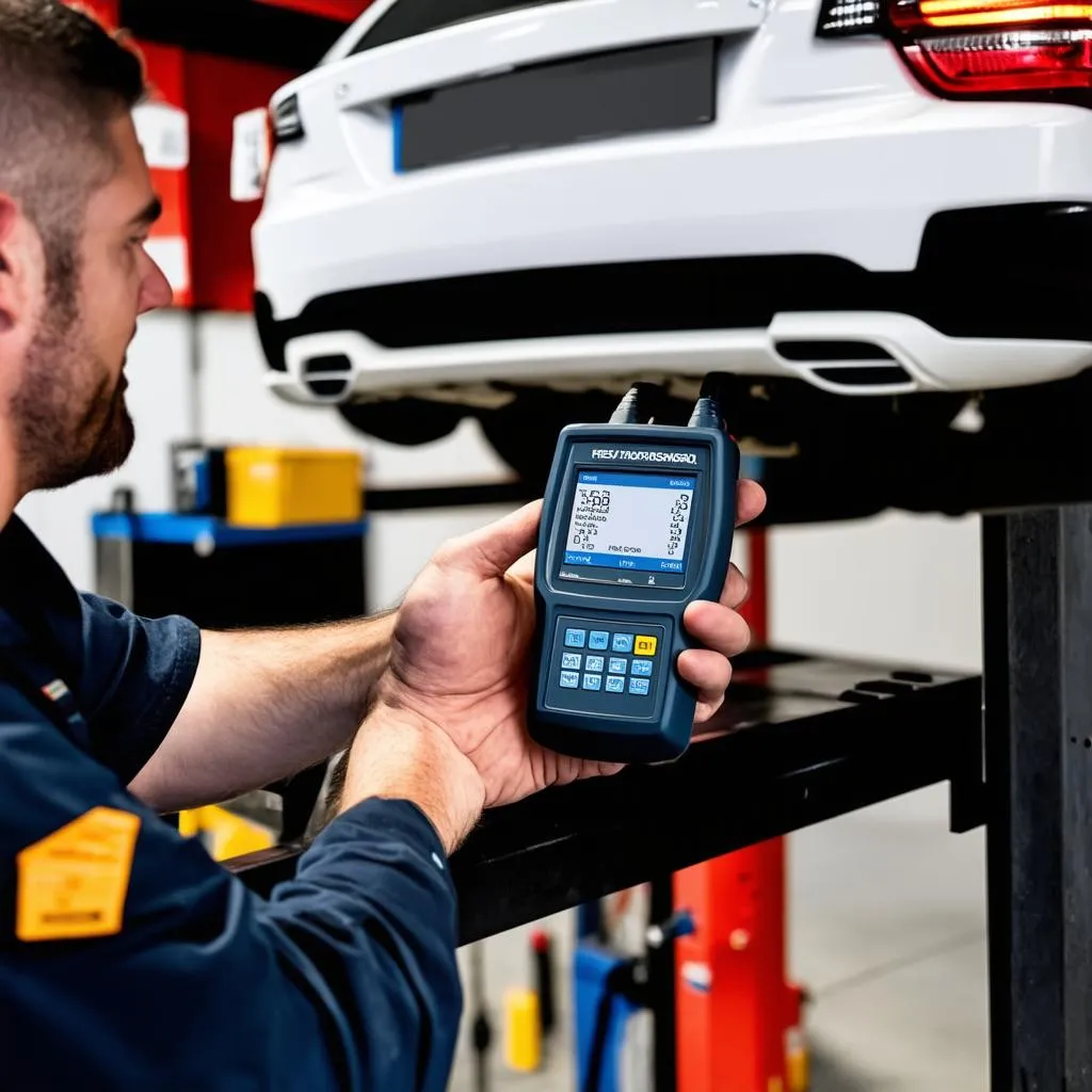 Mechanic using OBD reader programmer