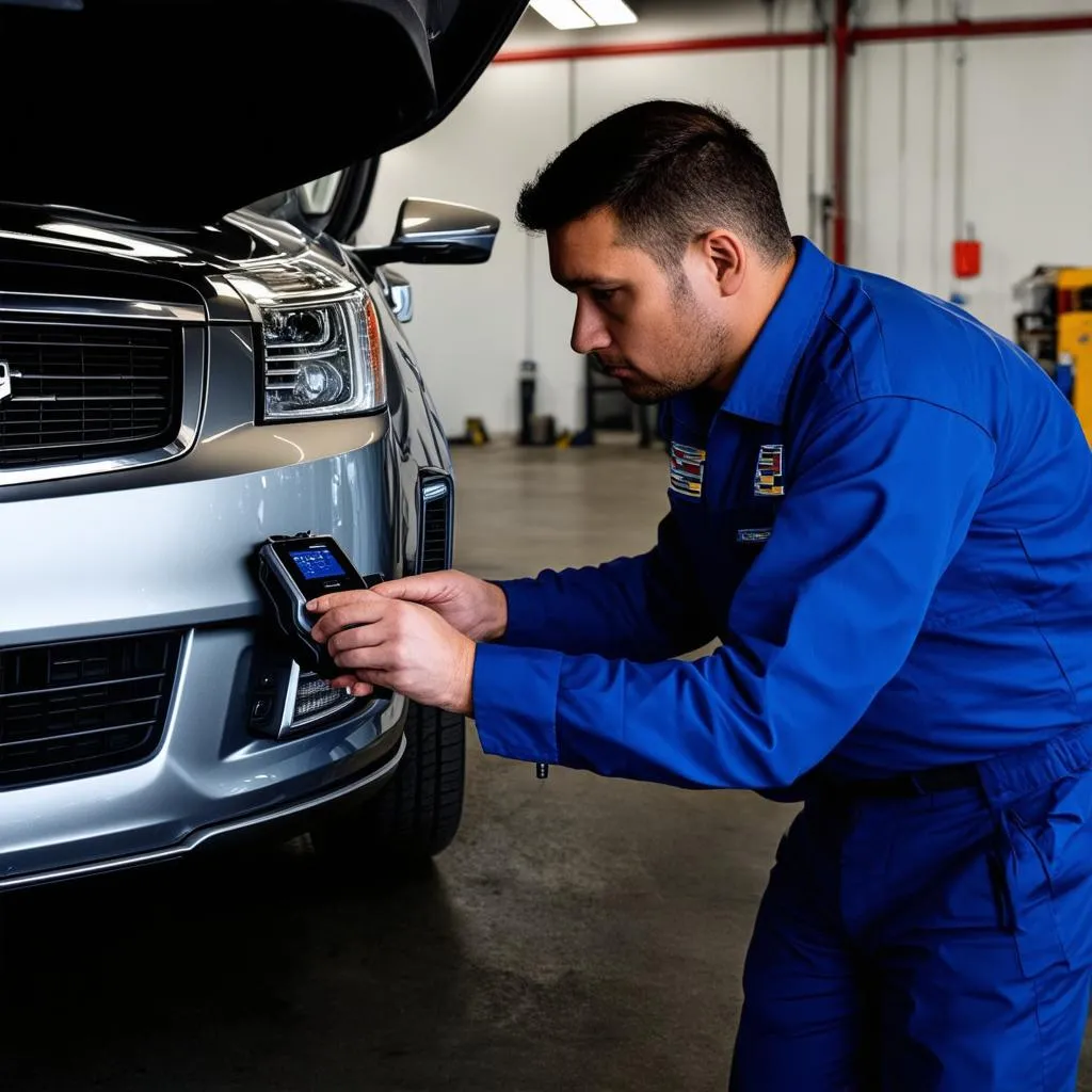 Mechanic using OBD scanner on a Cadillac SRX