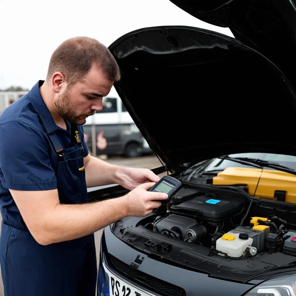 Mechanic Diagnosing Car with OBD Scanner