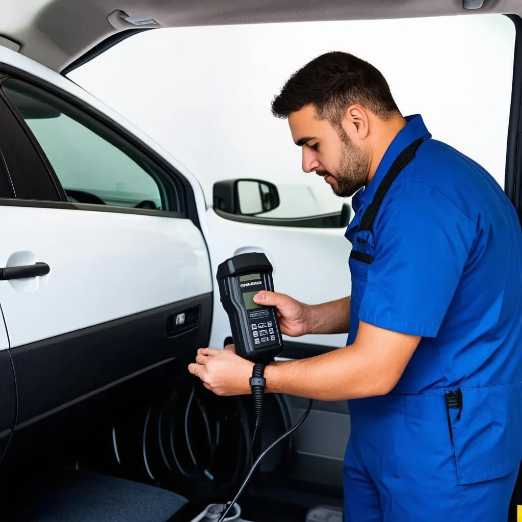 Mechanic Using OBD Scanner Dacia Duster