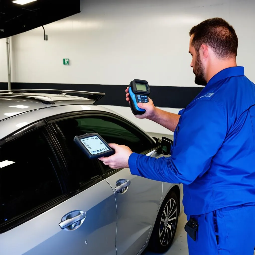 Mechanic using an OBD scanner in a Dallas auto repair shop