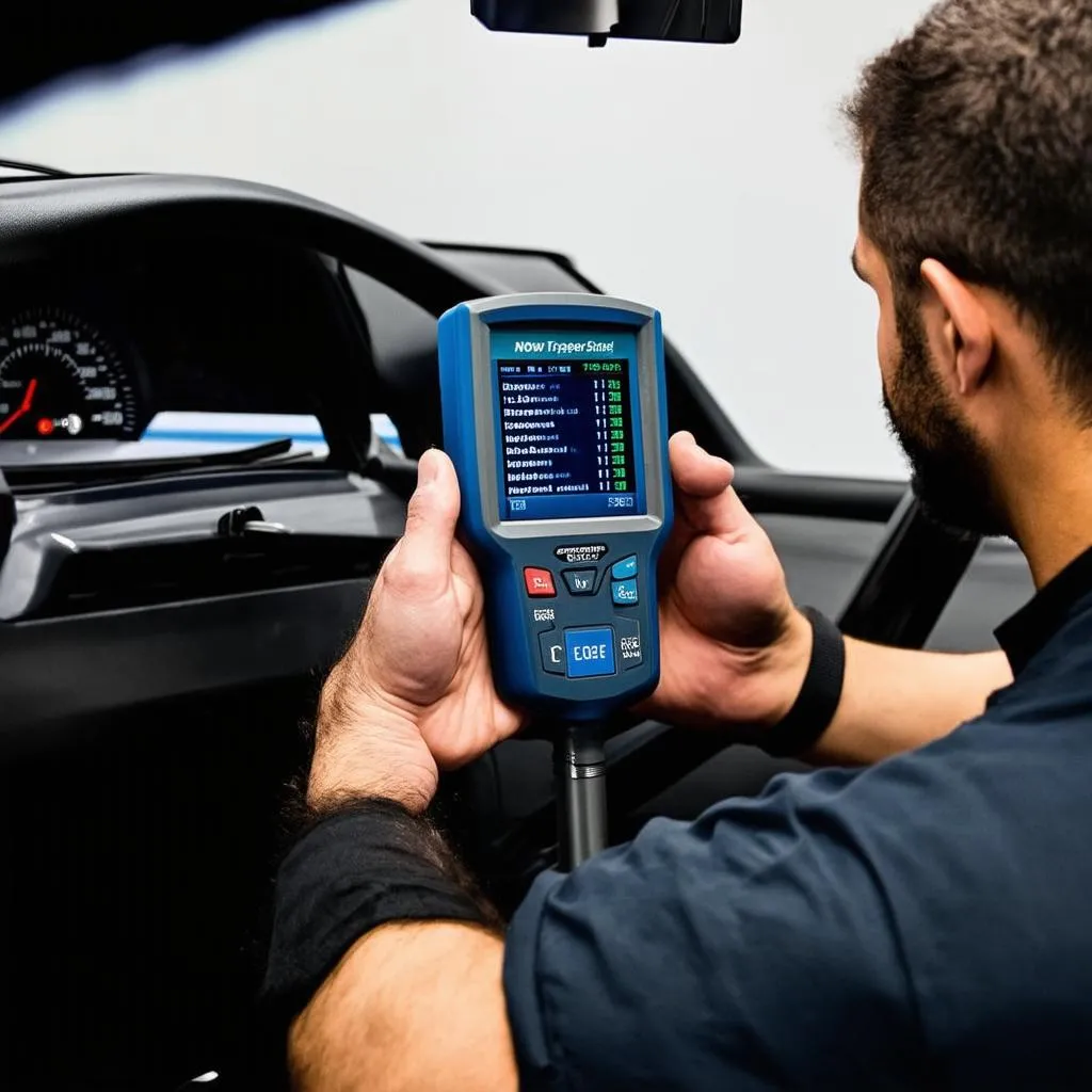 Mechanic Using OBD Scanner in Workshop