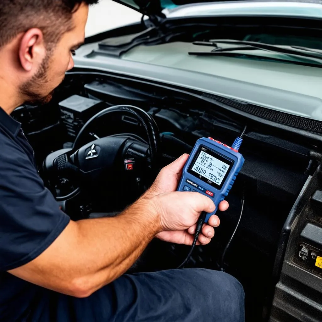 Mechanic Using OBD Scanner on Mitsubishi L200