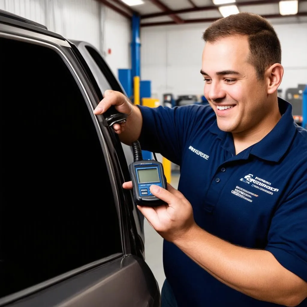 Mechanic using OBD scanner on 2004 Chevy Tahoe