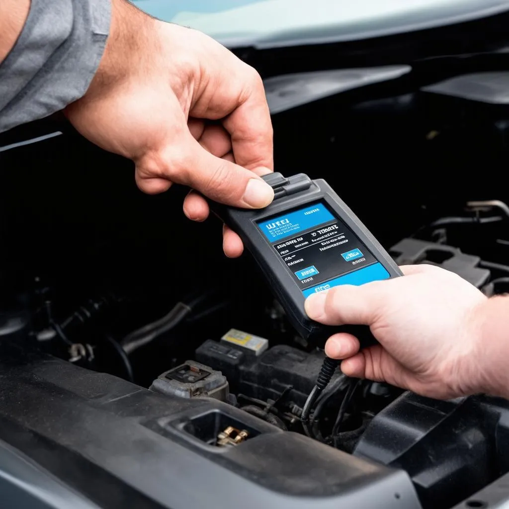 Mechanic Using OBD Scanner on 2005 Prius