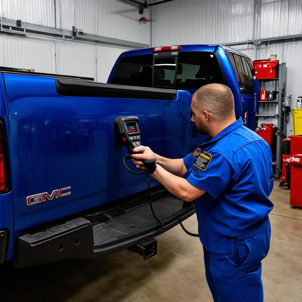 Mechanic using OBD Scanner on 2008 Sierra