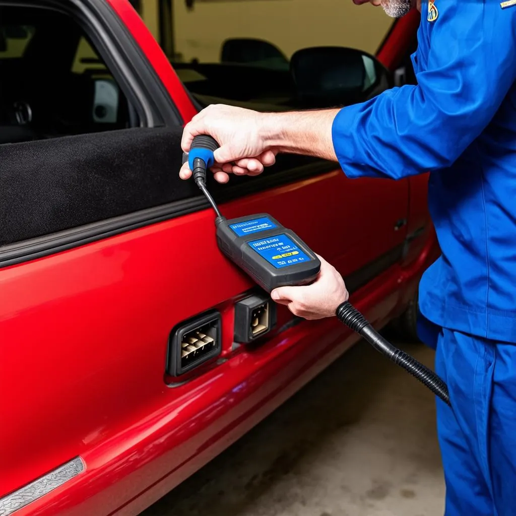 Mechanic Using OBD Scanner on a Car