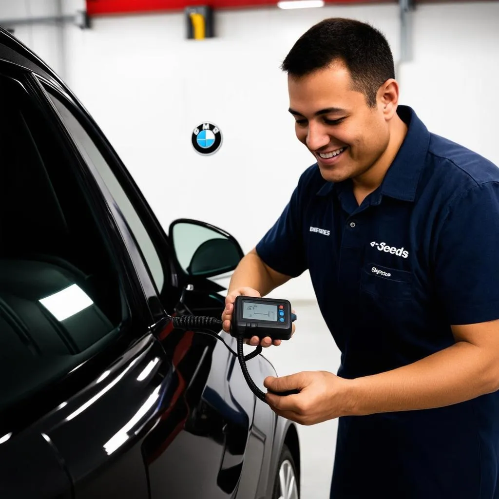 Mechanic Using OBD Scanner on BMW