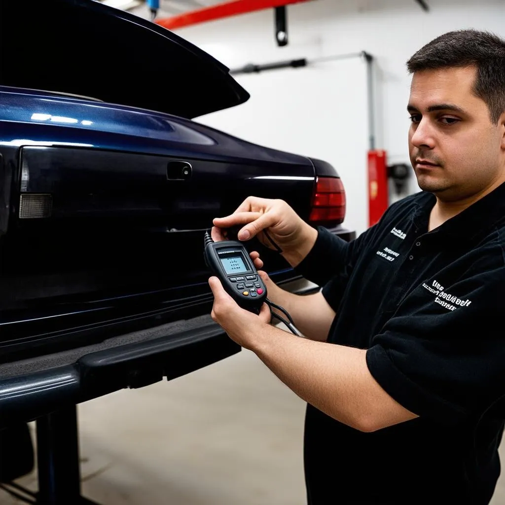 Mechanic using an OBD Scanner on BMW E46