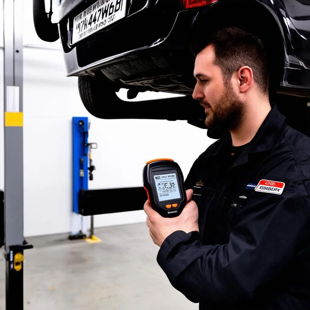 Mechanic Using OBD Scanner on Car