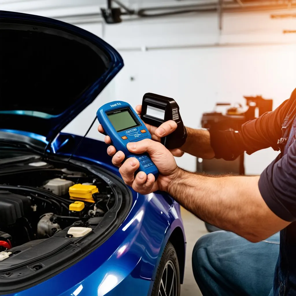 Mechanic Using OBD Scanner on Car