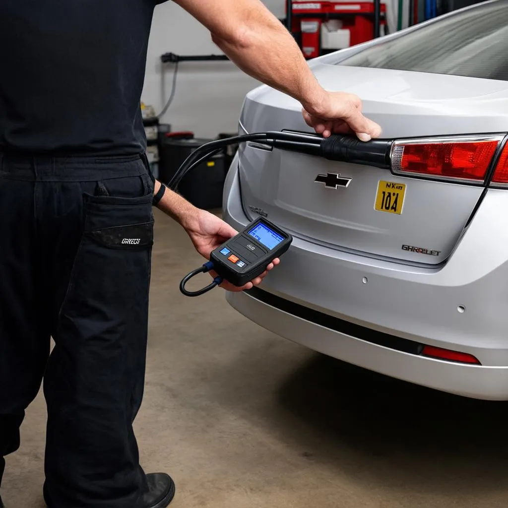 Mechanic using OBD scanner on a Chevy Malibu