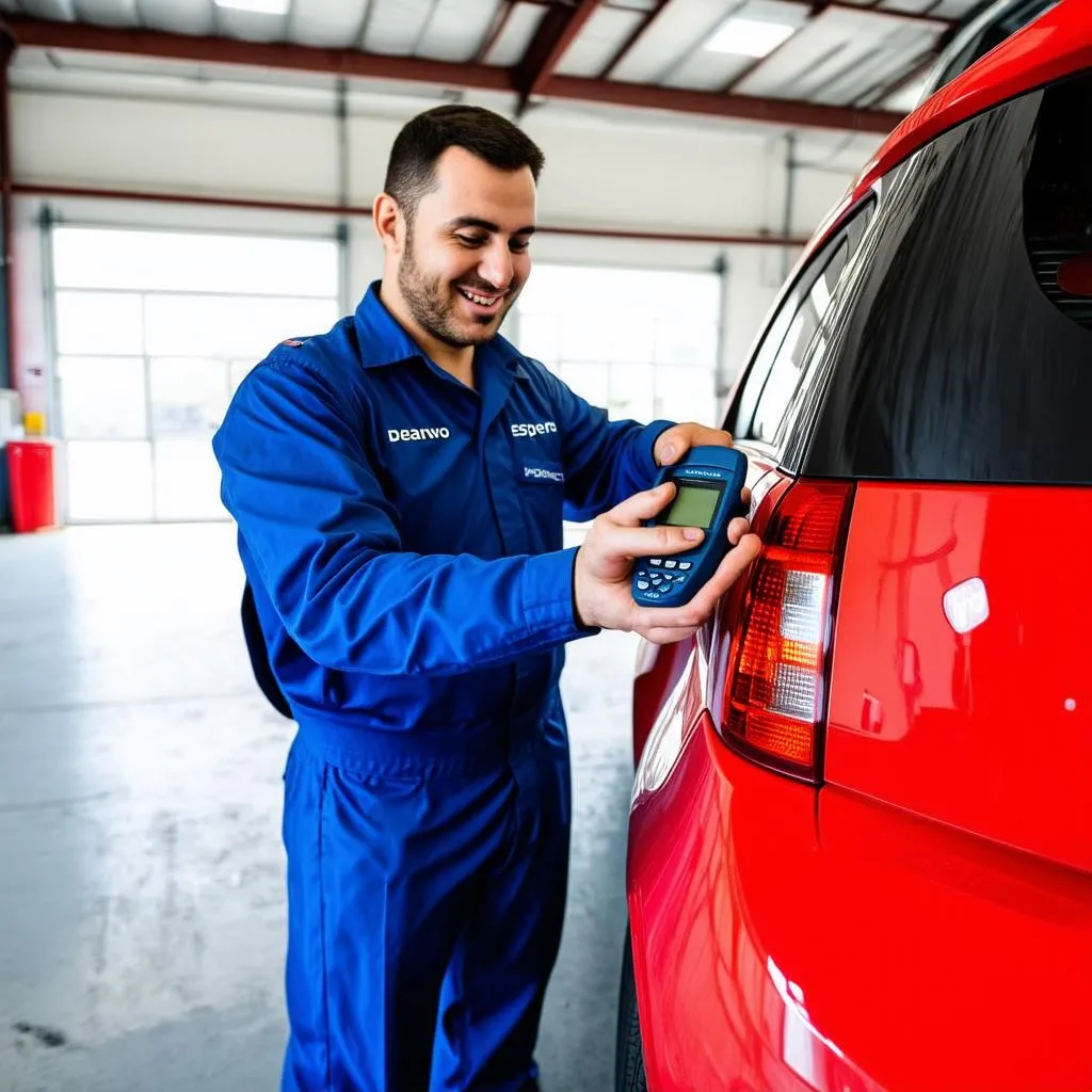 Mechanic Using OBD Scanner on Daewoo Espero