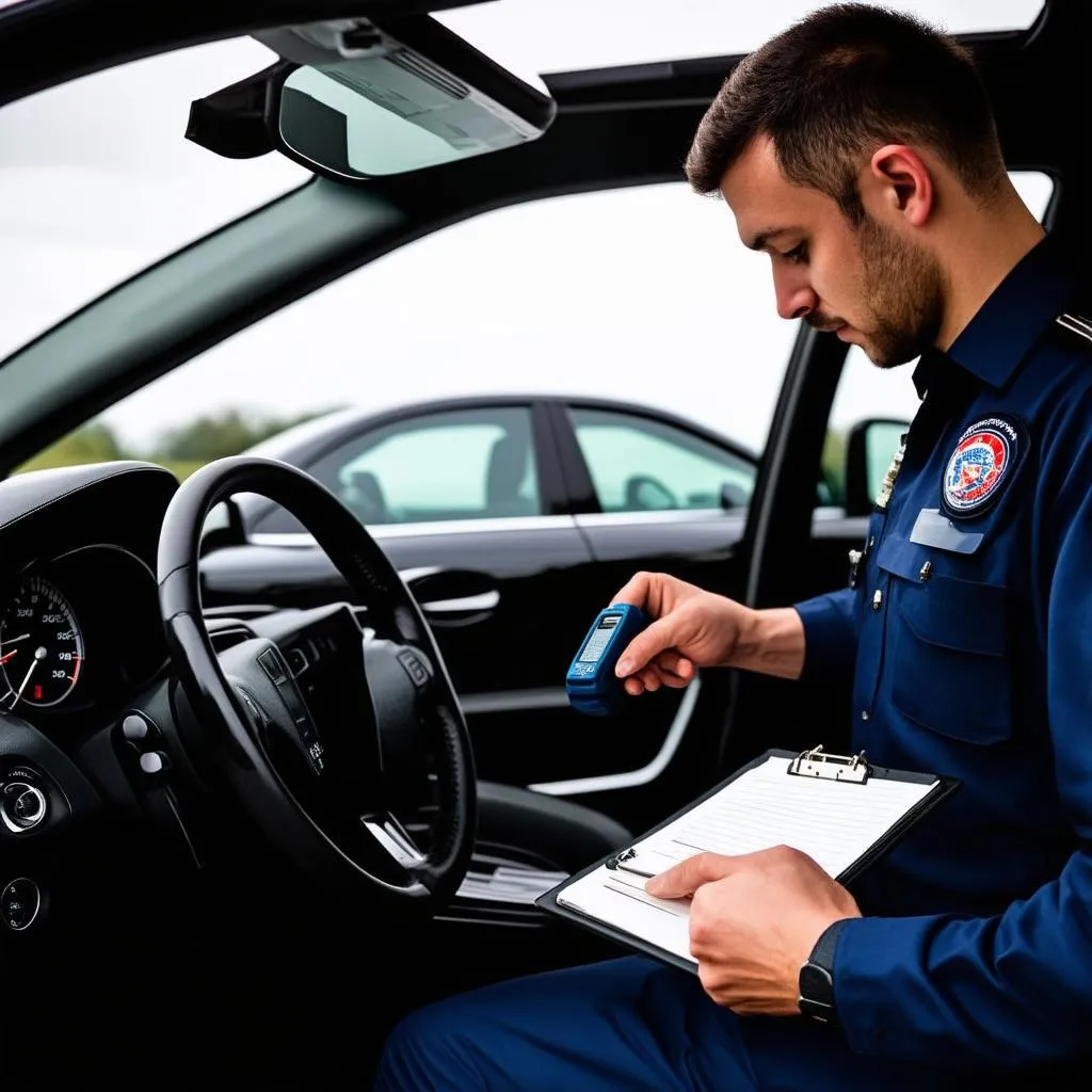 Mechanic using OBD scanner on European car