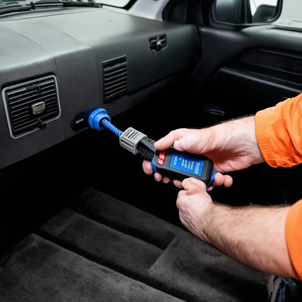 Mechanic Using OBD Scanner on Ford Explorer