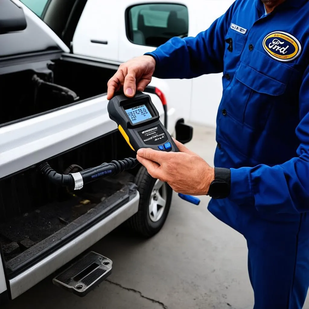 Mechanic Using OBD Scanner on Ford F350