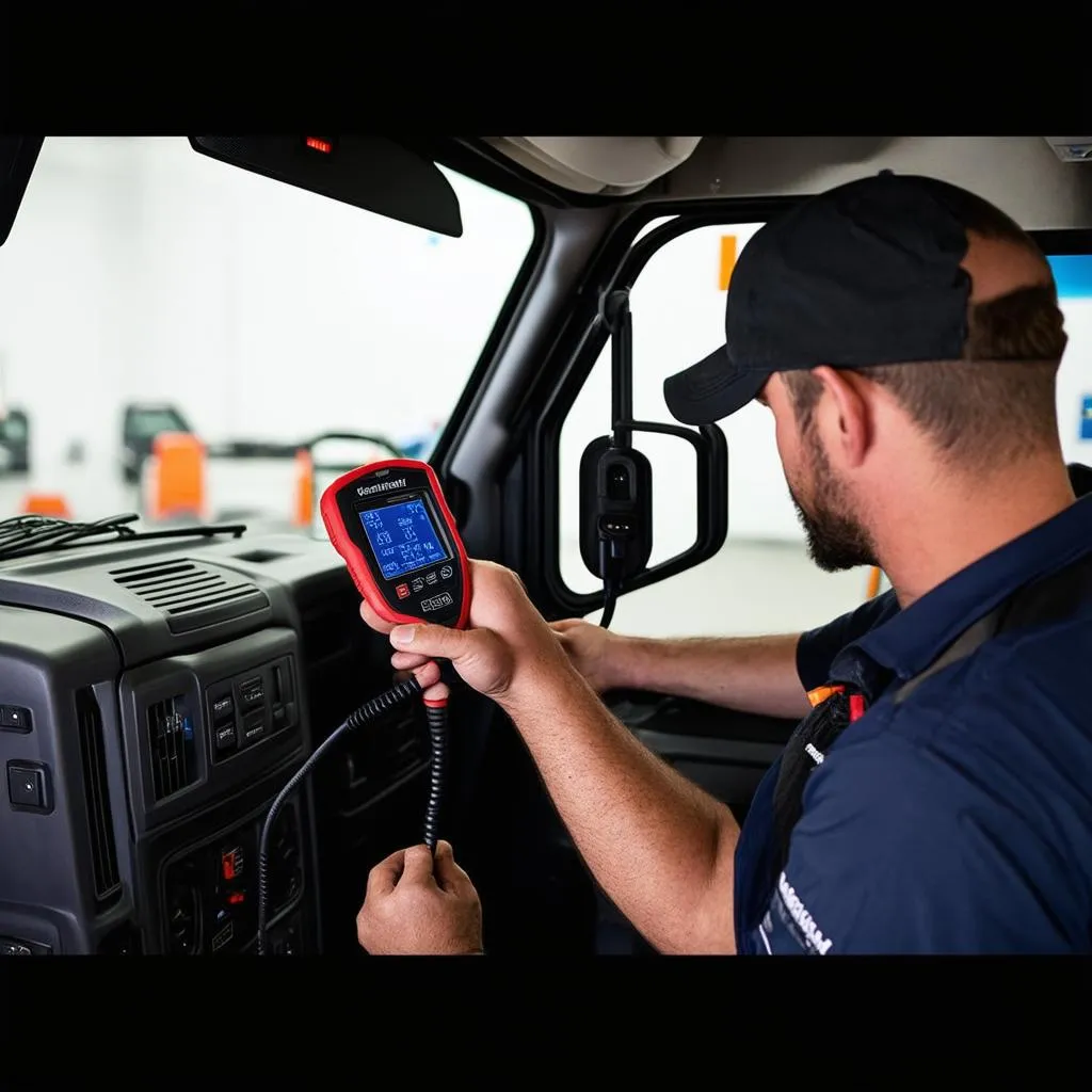 Mechanic using OBD Scanner on Freightliner Cascadia