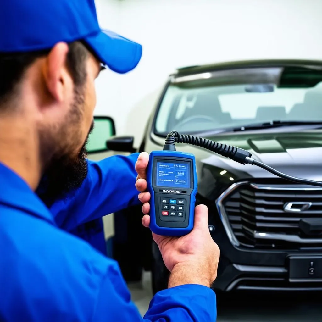 Mechanic Using OBD Scanner on Hyundai Tucson