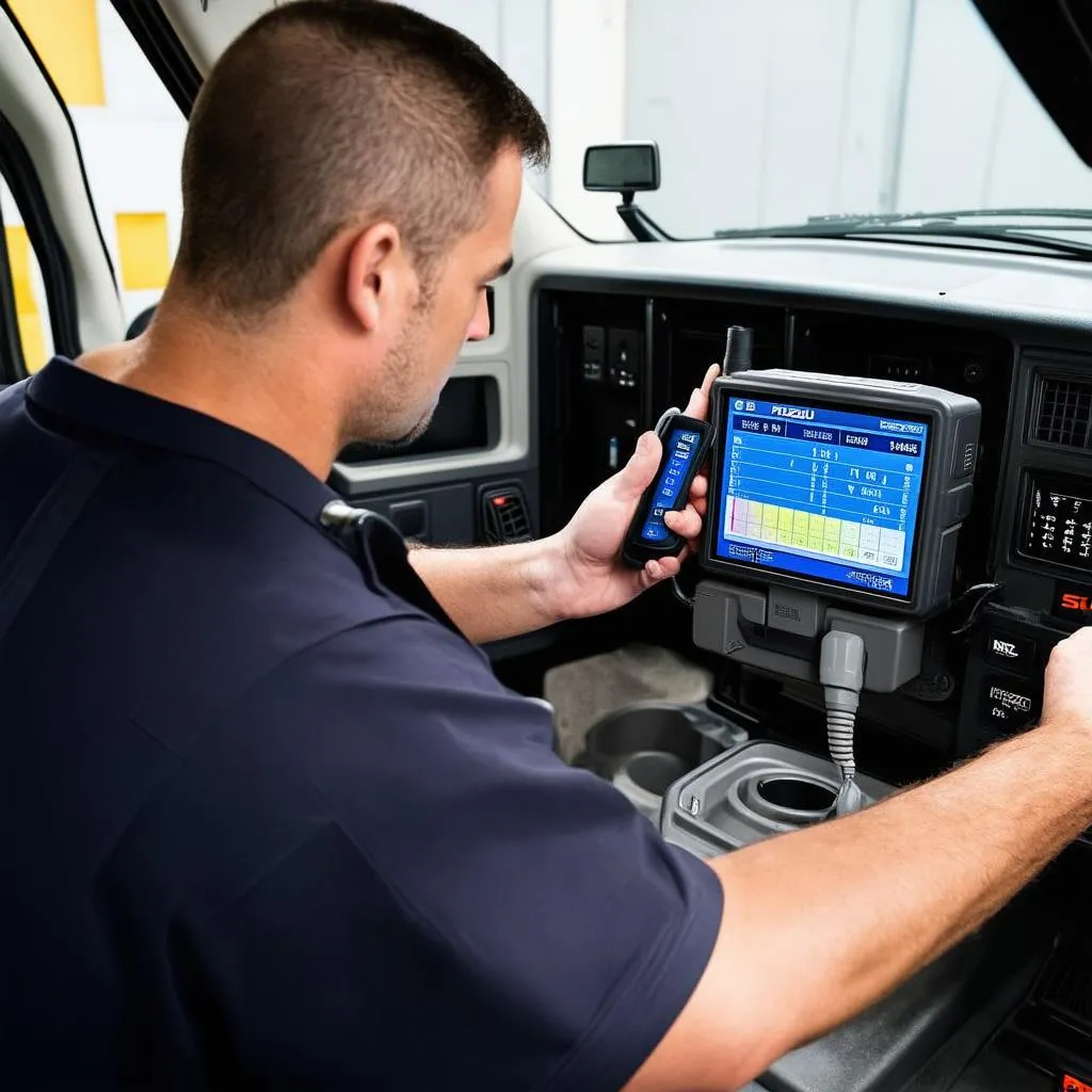 Mechanic Using OBD Scanner on Isuzu NPR