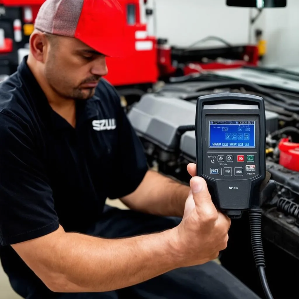 Mechanic Using OBD Scanner on Isuzu NPR