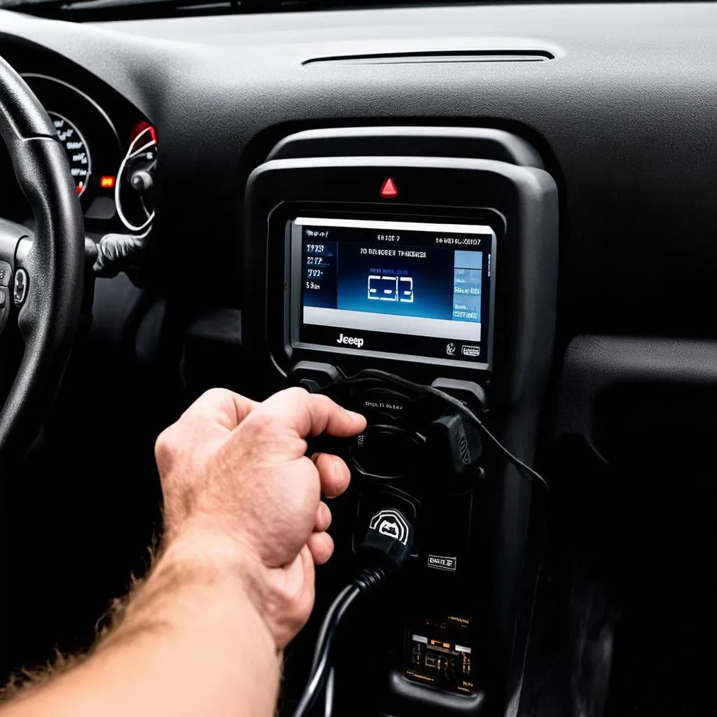 Mechanic Using OBD Scanner on Jeep Patriot