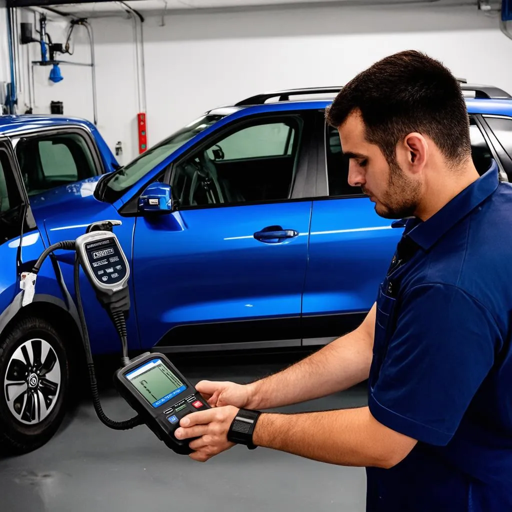 Mechanic Using OBD Scanner on Kia EV6