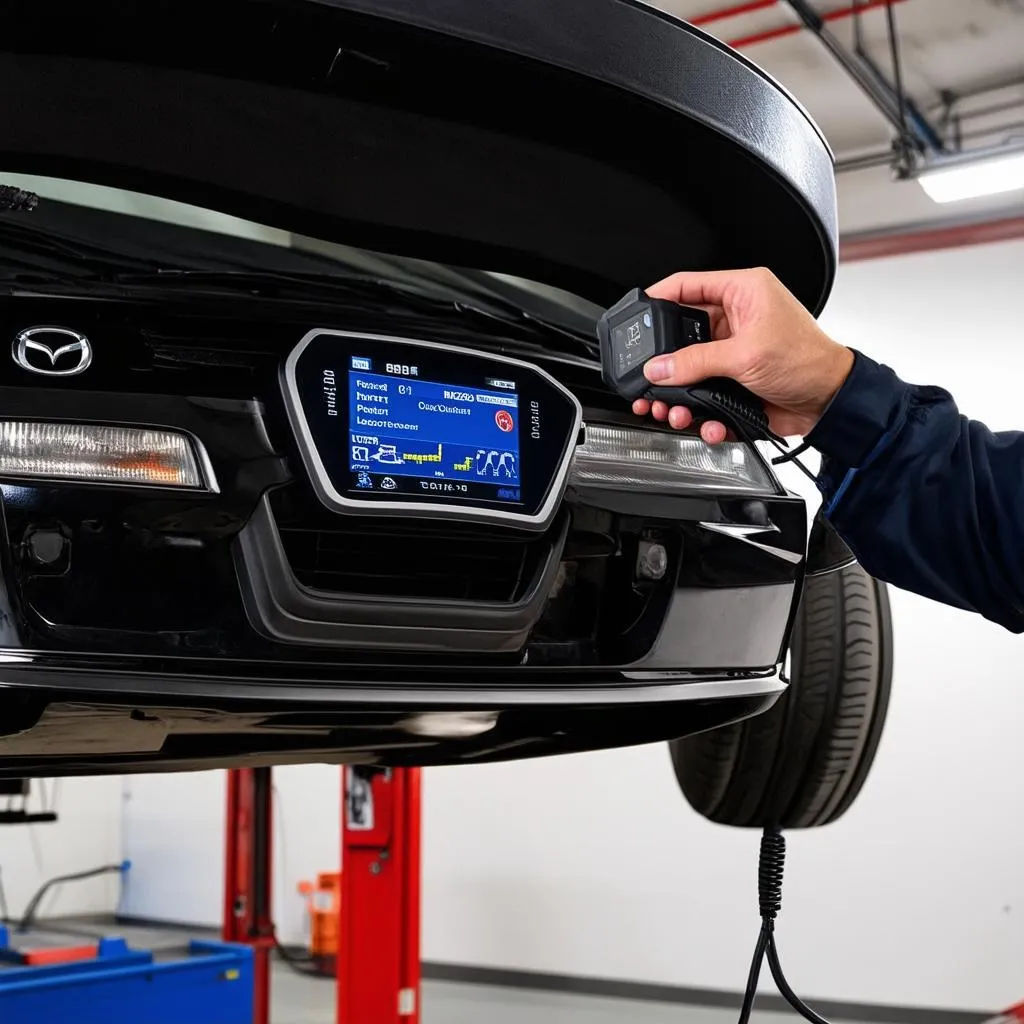 Mechanic Using OBD Scanner on Mazda RX-8