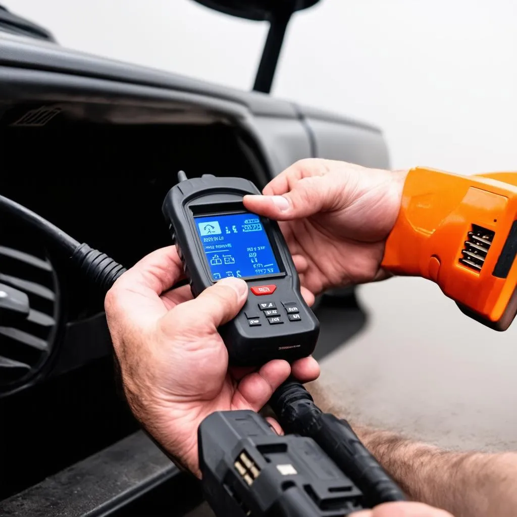 Mechanic Using OBD Scanner on Car