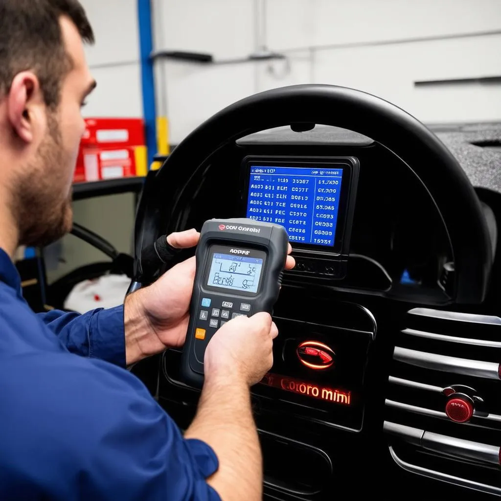 Mechanic Diagnosing Mini Cooper with OBD Scanner