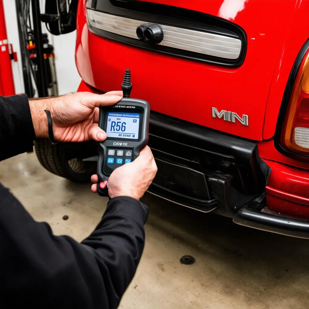 Mechanic using an OBD scanner on a MINI Cooper