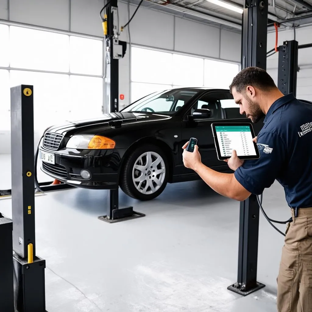 Mechanic Using OBD Scanner with Tablet