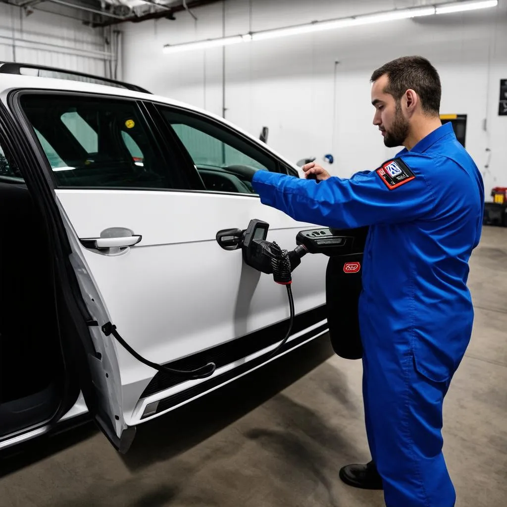 Mechanic Using OBD Scanner on Volkswagen