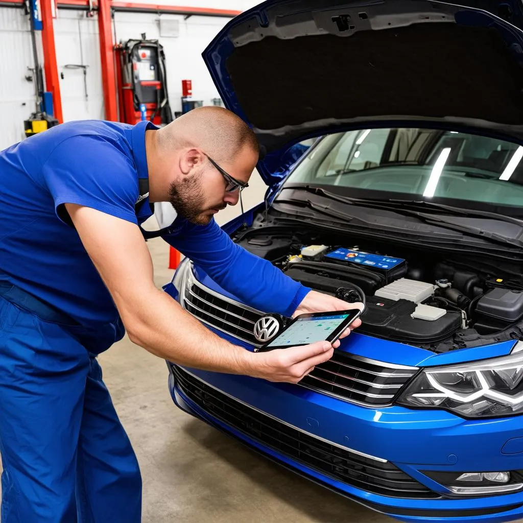 Mechanic using OBD Scanner on VW Passat