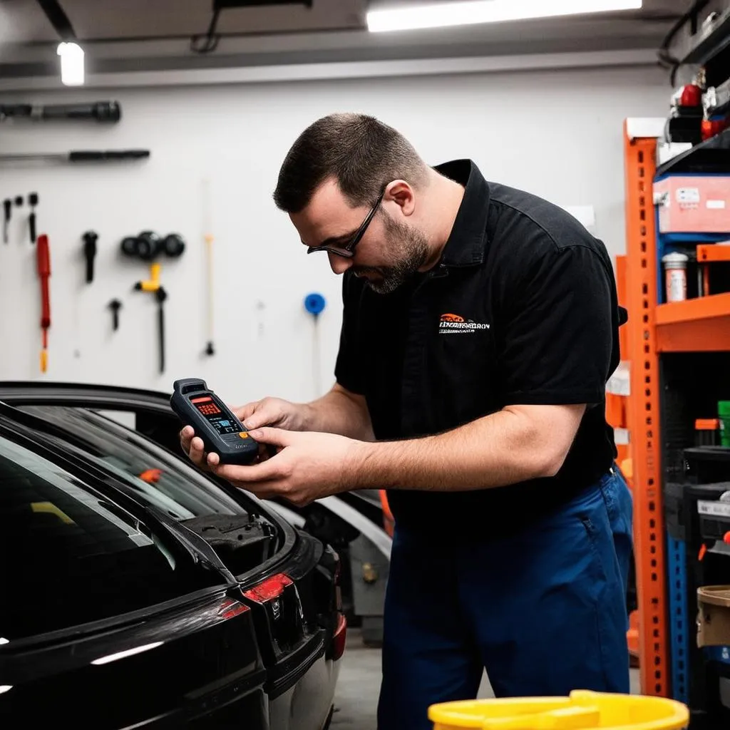 Mechanic Using OBD Scanner in Workshop