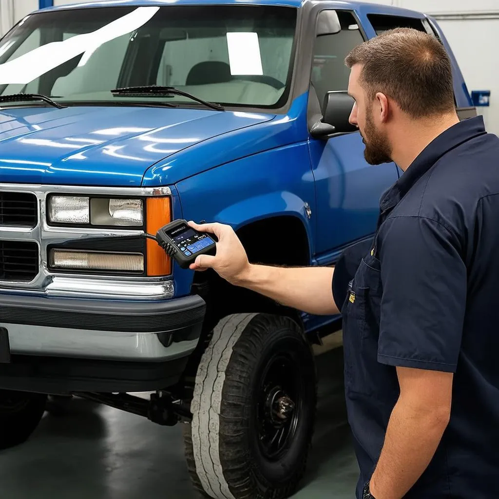 Mechanic using an OBD-1 scanner on a 1988 Chevy 2500