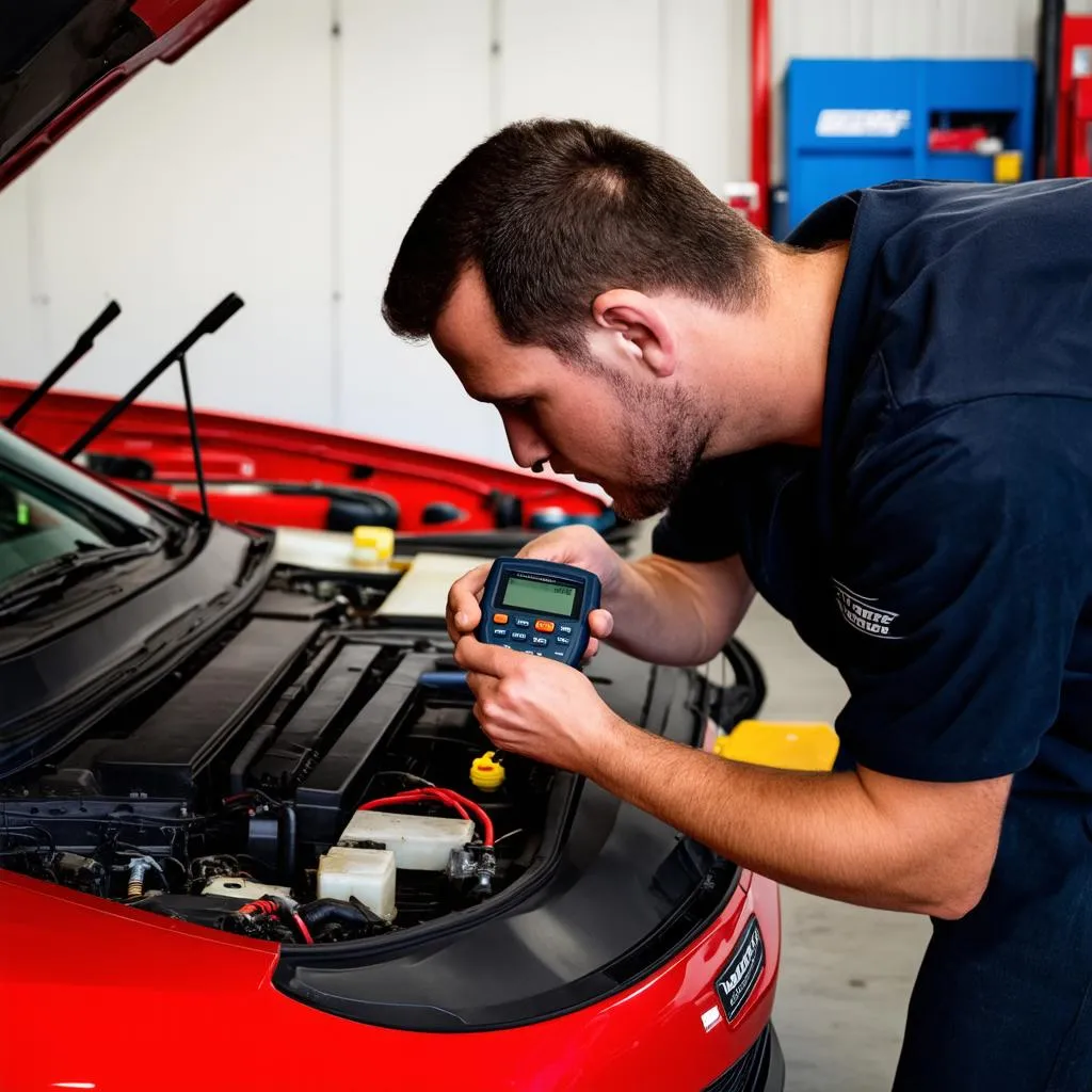 Mechanic using OBD2 reader to diagnose a car problem