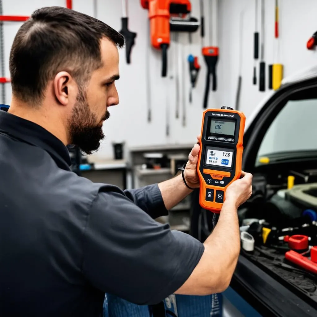 Mechanic diagnosing a car with an OBD2 scanner