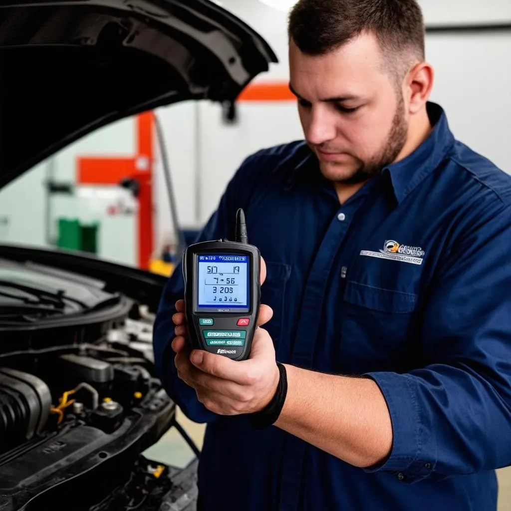 Mechanic using OBD2 scanner to diagnose a car engine.