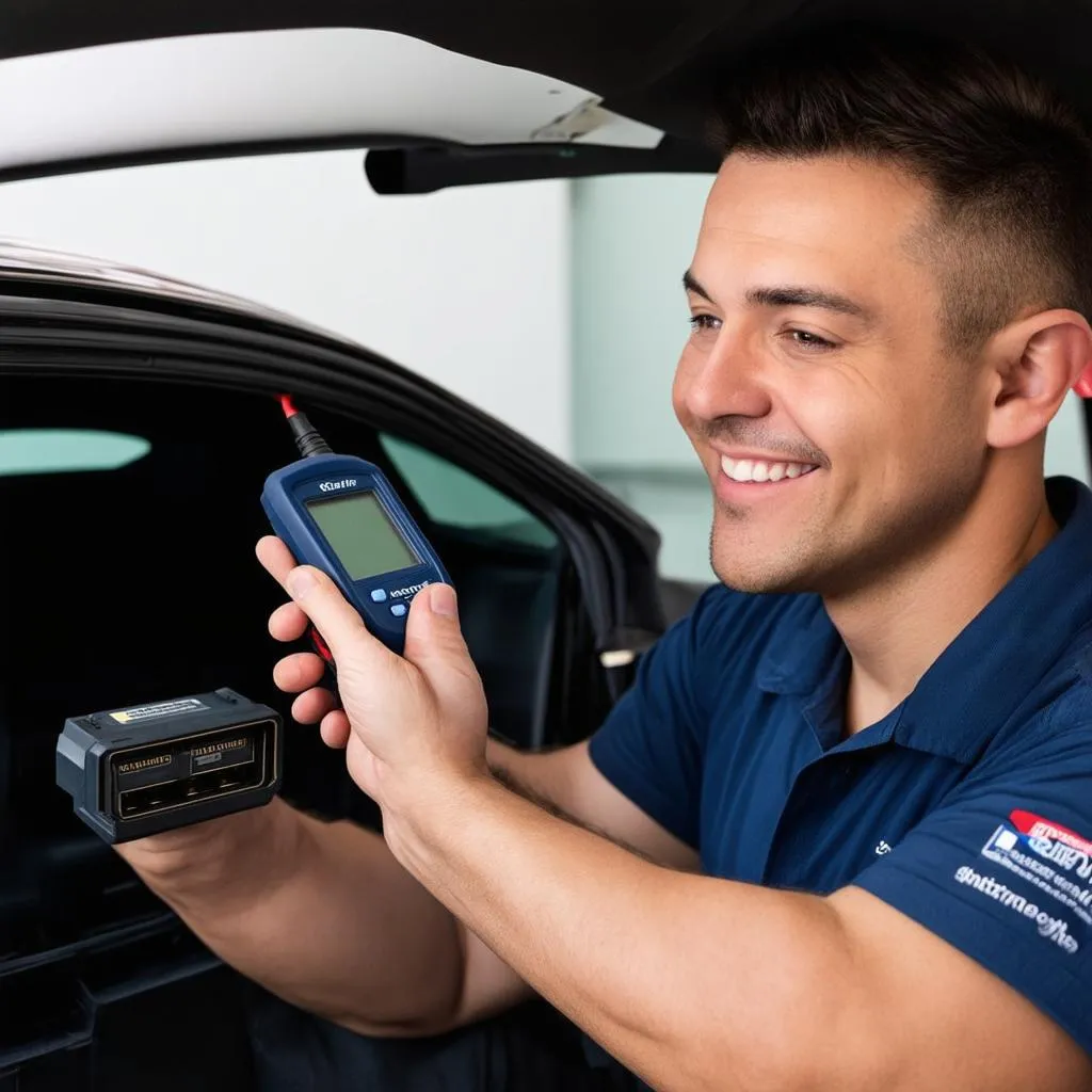 Mechanic using OBD2 scanner on a car