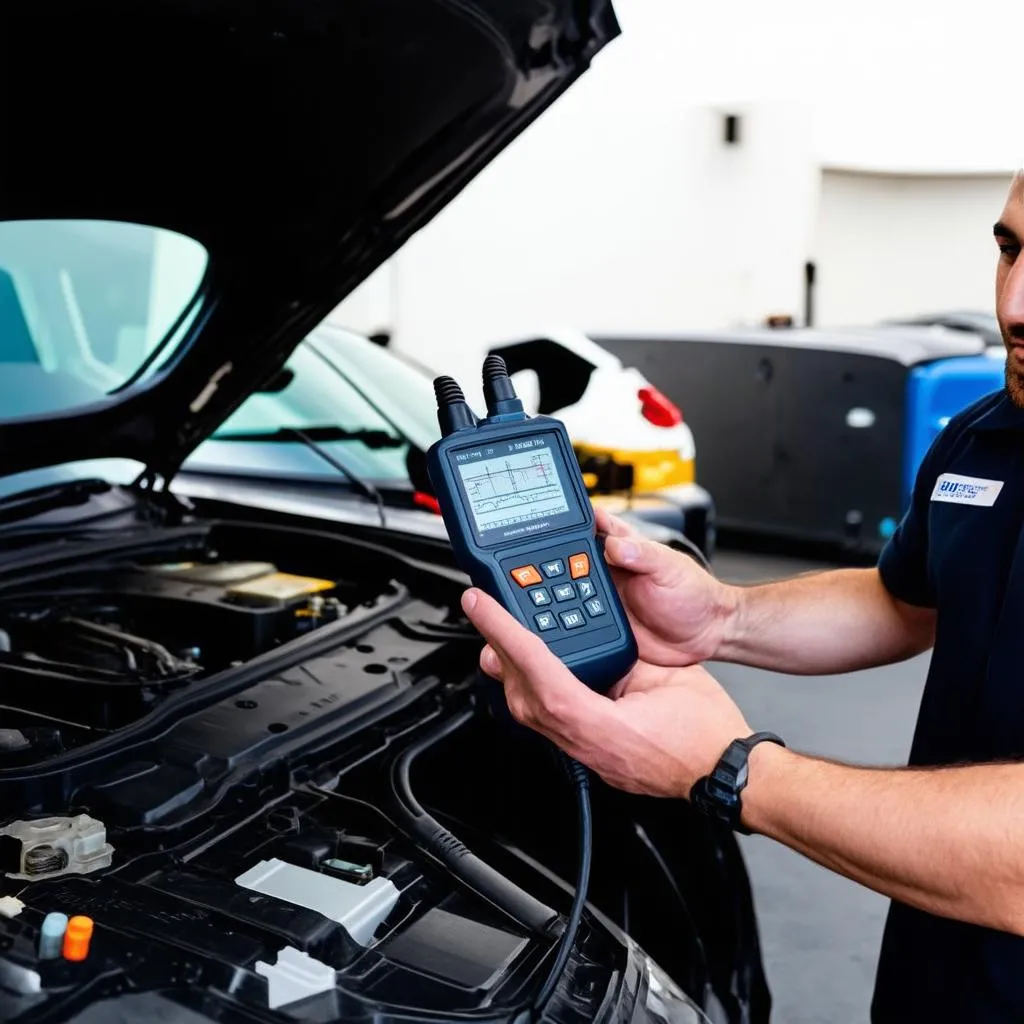 mechanic diagnosing car with obd2 scanner