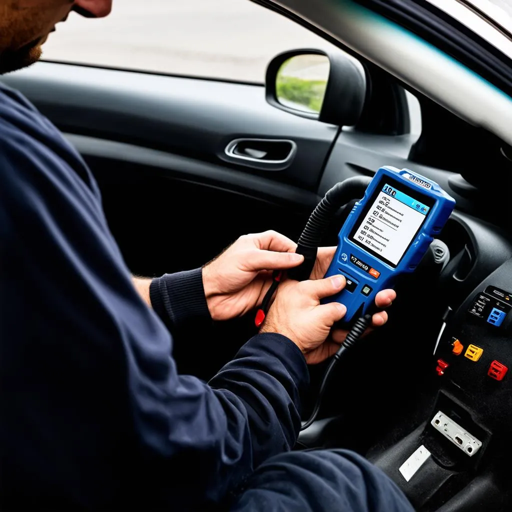 Mechanic using an OBD2 scanner on a car's dashboard.