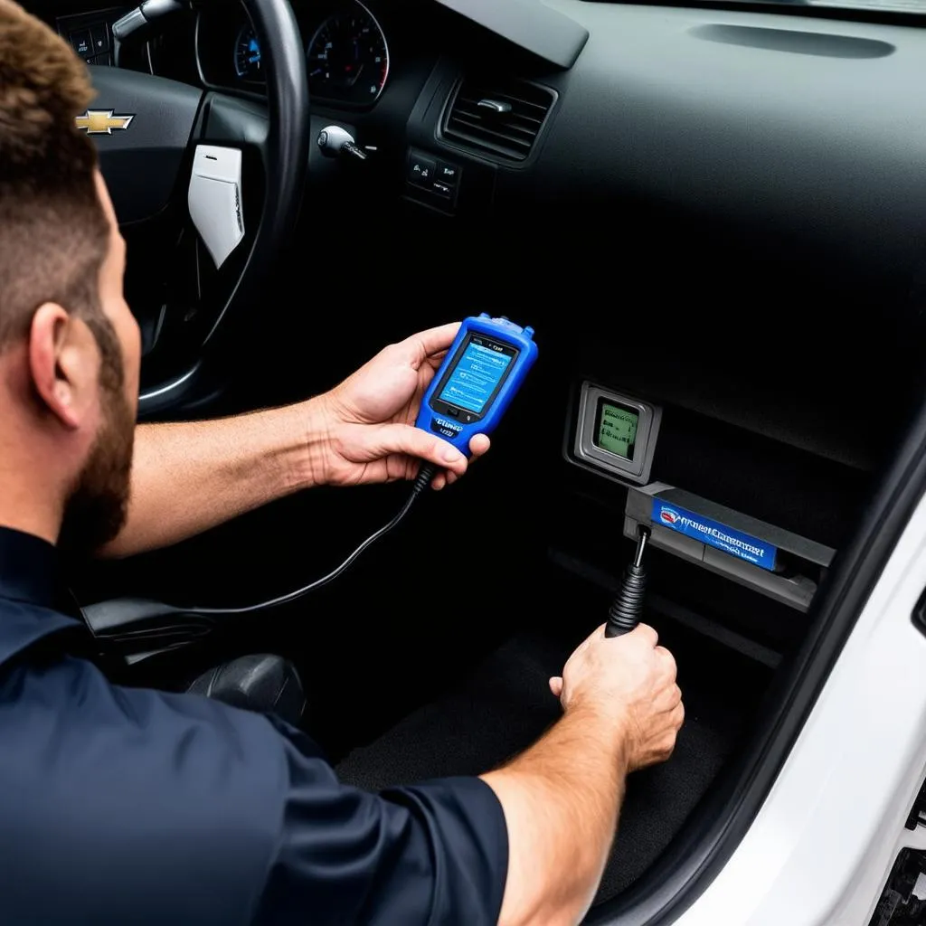 Mechanic connecting an OBD-II scanner