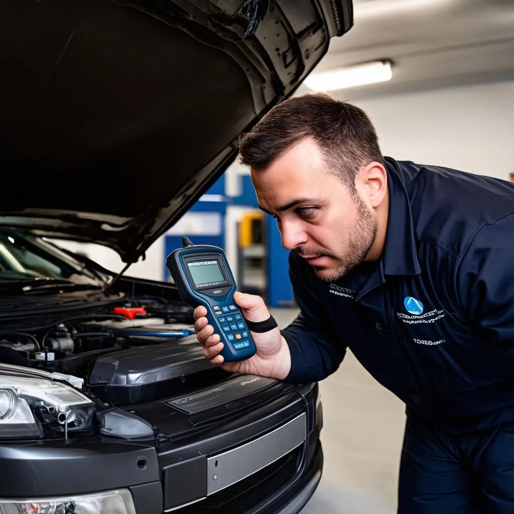 Mechanic using an OBD2 scanner on a car